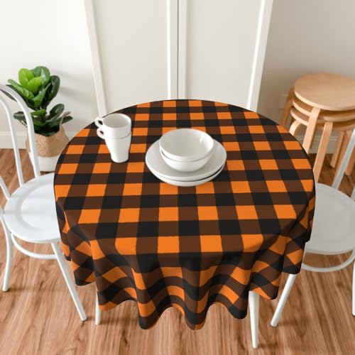 Halloween Plaid Round Tablecloth 60 Inch Water-Resistant Fall Decor