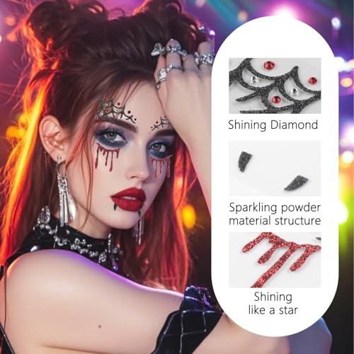 Halloween Face Tattoo Spider Web Stickers with Rhinestones - Variation 08.Halloween B