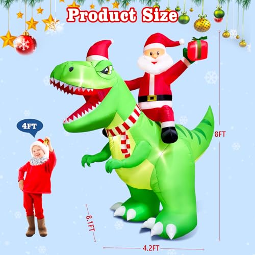 8FT Christmas Inflatable Santa Riding Dinosaur with LED Lights Outdoor Holiday Decor