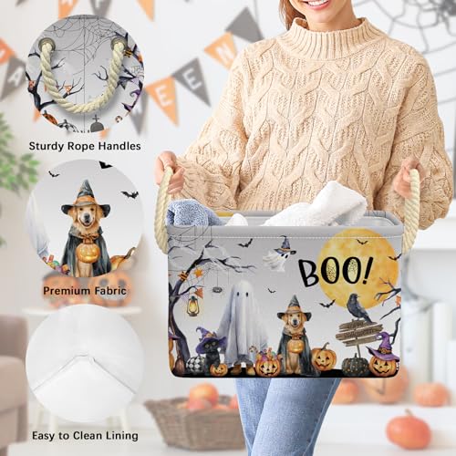 Halloween Boo Basket Pumpkin Ghost Spooky Storage Bin Grey 15x10x10 Inch - Foldable Halloween Decor & Gift Organizer