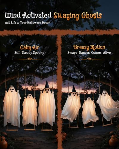3-Pack Swinging Ghost Halloween Decorations Outdoor - 4.5-7.2 FT Adjustable, Light-Up Ghosts with Swaying Fabric