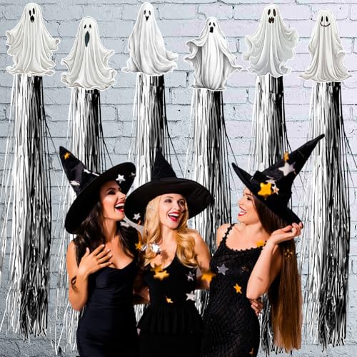 8PCS Outdoor Halloween Ghost Decorations with Silver Tassels for Lawn Garden & Wall