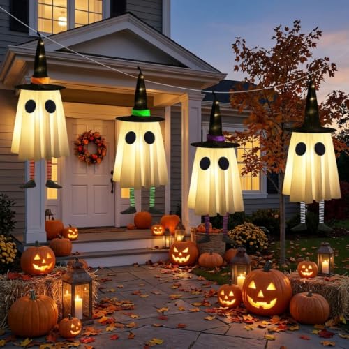 Medium Ghost Halloween Decoration with Witch Hat, Outdoor Ghost Lights