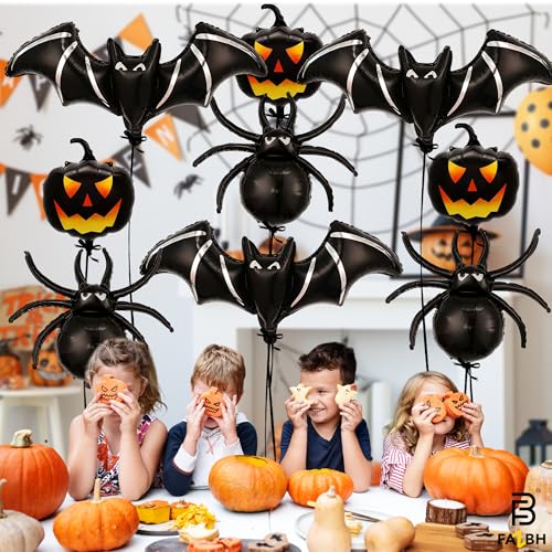 Giant Halloween Balloons Pack of 9 - Black Pumpkins, Bats & Spiders Decoration Set