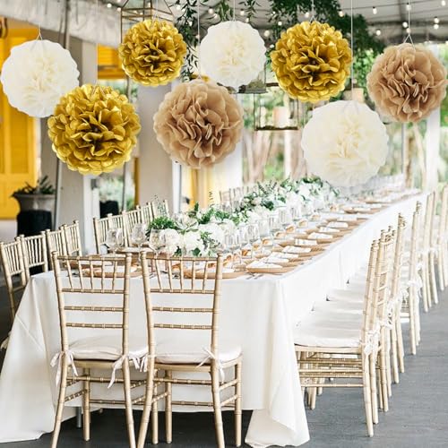 White Gold Tissue Hanging Paper Flower Ball Decorations Set - 13 Packs for Party & Events