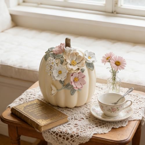 Creamy White Pumpkin Decor - 9-Inch Hand-Painted Resin Fall Halloween & Thanksgiving Decoration - Variation: Cream