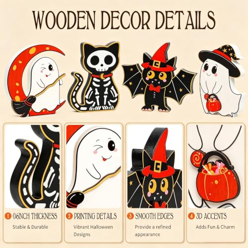 Halloween Wooden Decor Set - Indoor Fall & Spooky Home Decorations for Mantle & Tabletop