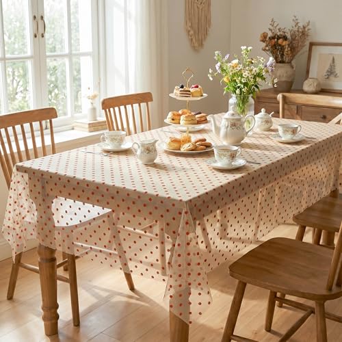 Horaldaily 60x84 Inch Rectangular Gauze Polka Dot Table Cloth Beige Caramel Variation