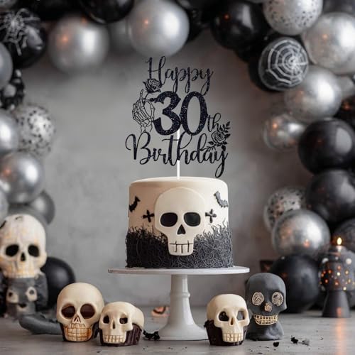 Gothic 30th Birthday Cake Topper Skeleton Hand Rose Glitter Decor