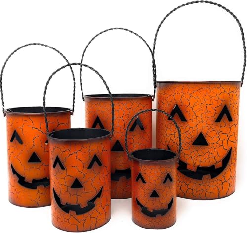 Halloween Pumpkin Candle Holders Set of 5 Rustic Metal Jack-O'-Lantern Decor