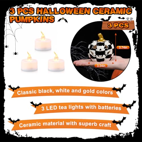3 Pack Ceramic Pumpkin Lanterns with Tea Lights - Halloween Decor Set - Variation of 3