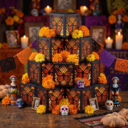 30 Pack Day of the Dead Lanterns with Butterfly Cutout Decorations - Festive Hollow Paper Boxes