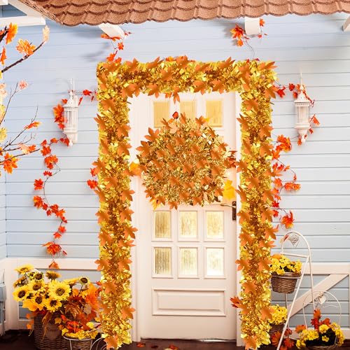 Gold Thanksgiving Tinsel Garland 66Ft Glitter Maple Leaf Decor for Autumn & Holiday Parties