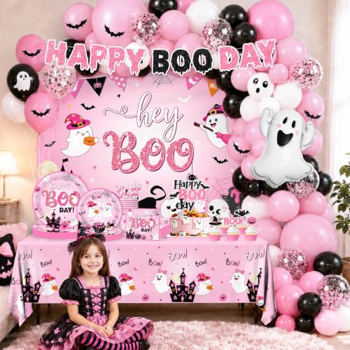 Pink Halloween Birthday Party Decorations Set with Balloon Arch, Plates, Napkins & More