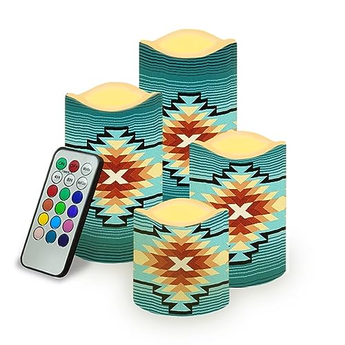 Southwest Native American Triba Flameless Candles Set with Remote - Color Changing & Timer - 4 Pack