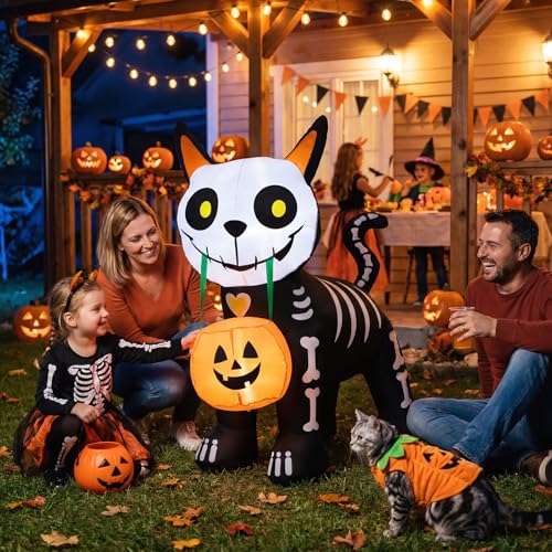 5FT Halloween Skeleton Black Cat Inflatable Outdoor Decoration - Glowing Jack-o'-lantern