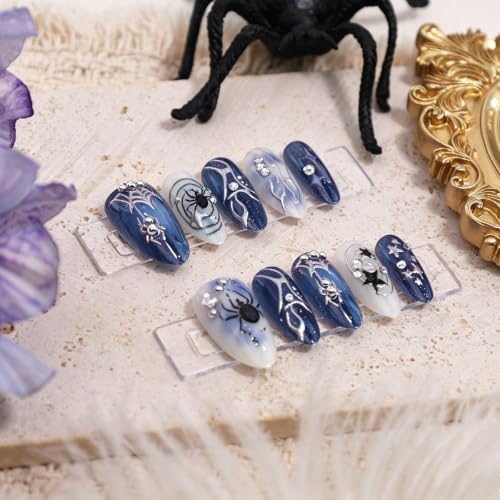 Gothic Halloween Press-On Nails - 3D Spider Web Star Almond Set - Variation of Halloween-13