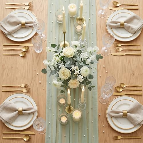 Pearl White Gauze Table Runner 120 Inch with Studded Pearls for Wedding & Party - Light Green Variation