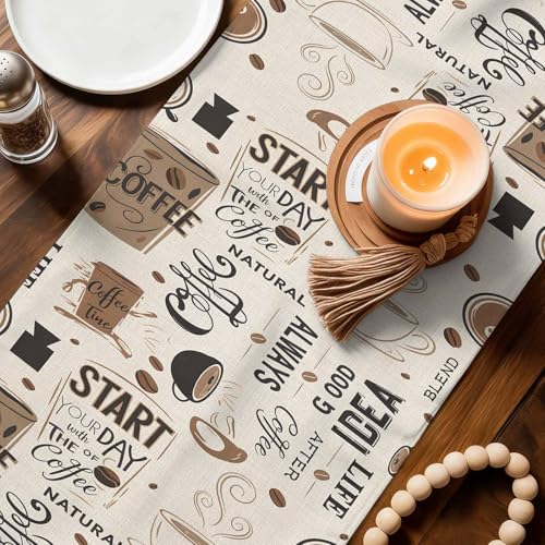 Farmhouse Cotton Linen Table Runner 18 x 72 Inches - Brown Beige Kitchen Decor