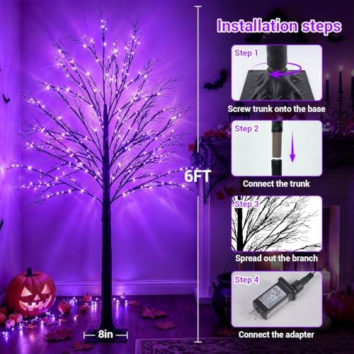 Purple 6FT Lighted Halloween Tree with 128 LED Lights & 8 Modes - Waterproof Indoor Outdoor Decoration
