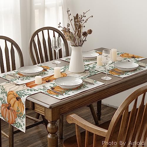 Rectangular Fall Placemats Set of 4 - 12x18 Inch Orange Pumpkins & Eucalyptus Leaves
