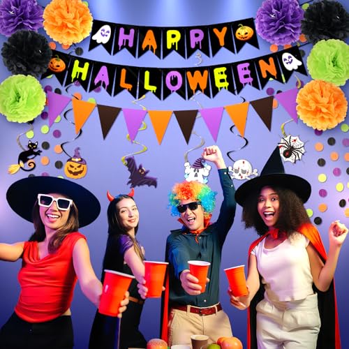 Halloween Party Decorations Set - Banner, Paper Pom Poms, Triangle Flags & Swirls - Halloween