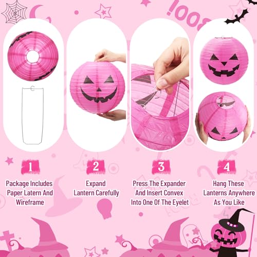 Halloween Hanging Paper Lanterns Set - Pink & Black Pumpkin Decor, 6 Pieces