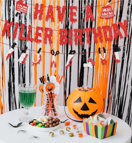 Halloween Birthday Banner Set - Glittery Scary Movie Night Party Decor