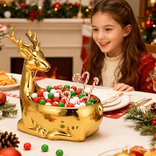 Christmas Candy Bowl Reindeer and Gold Ceramic Cookie Storage Dish - Festive Holiday Decor