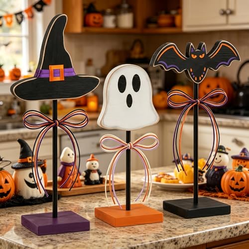 Halloween Ghost Bat Witch Hat Table Decorations - 3pcs Farmhouse Rustic Halloween Decor - Variation: Witch Hat