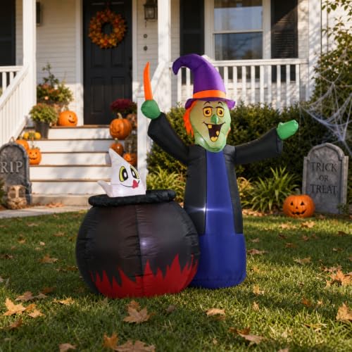 5 Ft Inflatable Halloween Witch and Cauldron Outdoor Decor with LED Lights