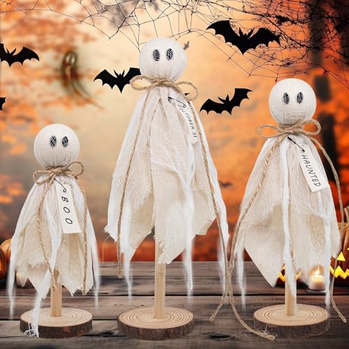 Wooden Ghost Halloween Decorations Indoor Set of 3 Rustic Shelf Sitters with Fabric Ghosts - White Variation