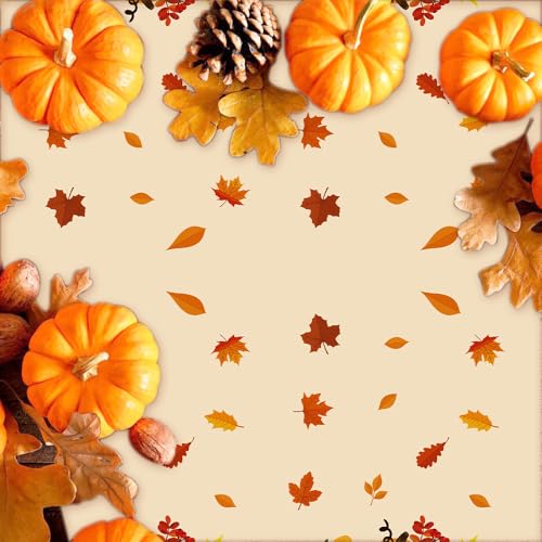 Gold Fall Thanksgiving Tablecloth 8 Pack - Disposable Plastic Autumn Pumpkin & Maple Leaf Design 54x108 Inches