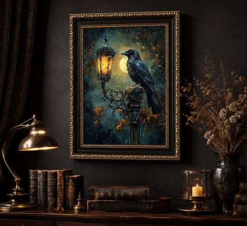 Gothic Black Raven Canvas Wall Art - Framed 16x12 Inches - Dark Decor