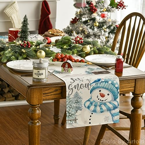 Christmas Table Mat Set with Table Runner - Snowman Snowflake Holiday Decor, 6 Pieces