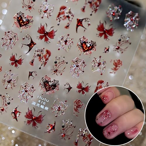 Halloween Glitter Nail Stickers with Spider Web and Heart Design - Style 17