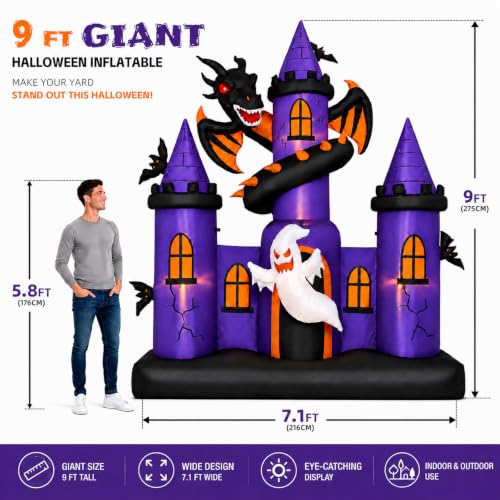 Giant 9 FT Halloween Inflatable Haunted Castle with Dragon & Ghost Lights