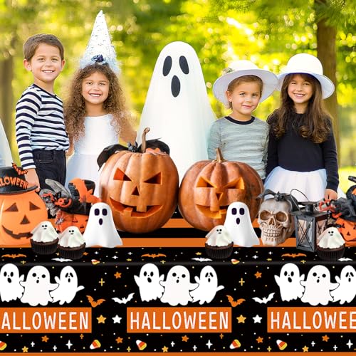Halloween Ghost Tablecloth Set - Disposable Plastic Black Orange Bat Party Cover, 54 x 108 Inches - Variation of THIS listing