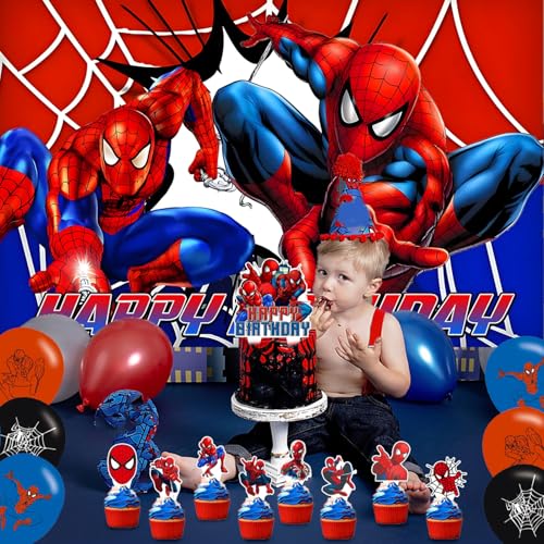 Spider Web Birthday Decorations Set with Balloons & Toppers for Kids Party
