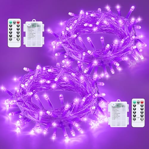 Purple Battery Operated String Lights 33ft 100 LED Waterproof 8 Modes with Remote – 2 Pack