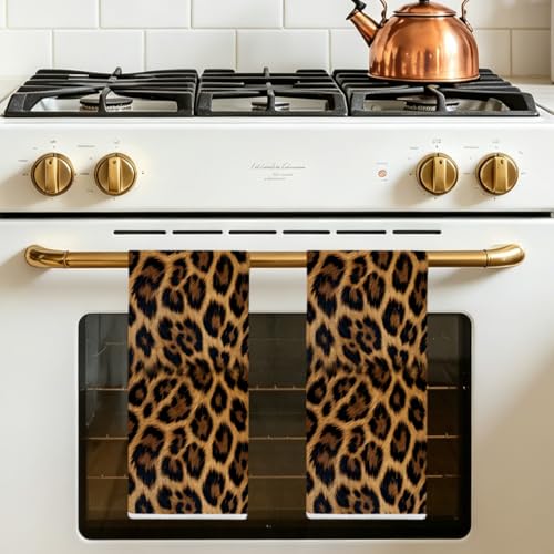 2 Pcs Retro Leopard Kitchen Towels - Reusable Hand Towels Multi 1527