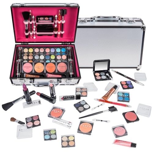 Carry All Makeup Train Case with Pro Makeup Set - Silver - Travel Cosmetic Organizer