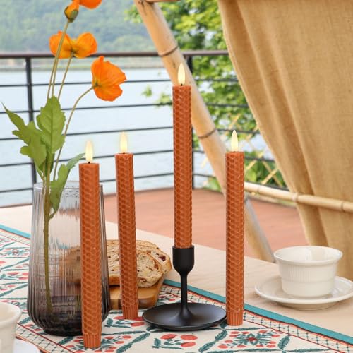 Brown Honeycomb Flameless Taper Candles with Timer & Remote - Set of 4