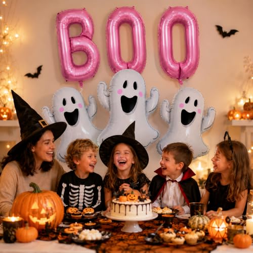 Halloween Balloon Kit with Pink Boo & Ghost Foil Balloons - Reusable Party Decorations