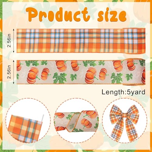 Fall Pumpkin Ribbons Set - Wired Edge Orange Buffalo Plaid Burlap for Gift Wrapping & Decorations - Style 5 Plaid Pumpkin
