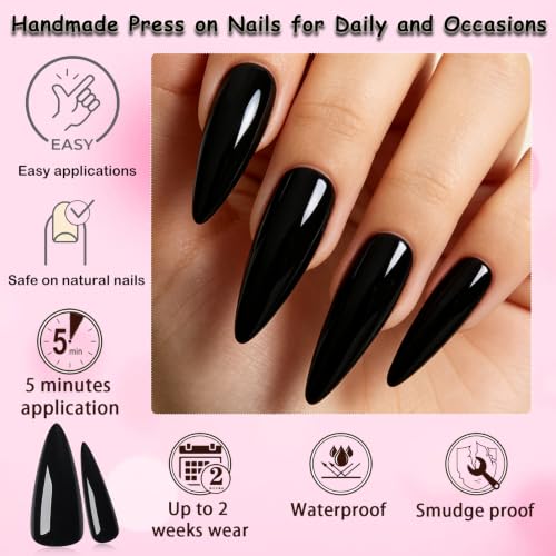 Black Long Stiletto Press-On Nails Kit with Glue & Accessories - 120pcs