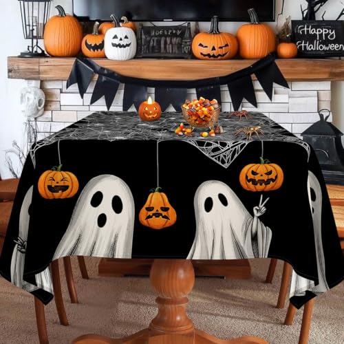 Halloween Black Rectangular Tablecloth 60 x 120 Inches Spooky Spider Web Ghost Design - Party Decor