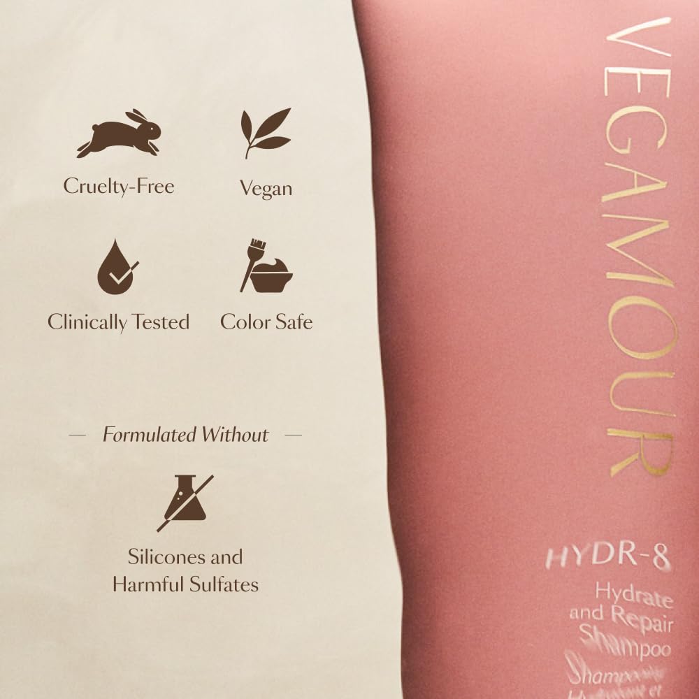 VEGAMOUR HYDR-8 Hydrate & Repair Shampoo - Cleanses & Hydrates Dry, Damaged Hair | Vegan, Cruelty-Free, 8 Fl Oz