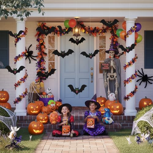 Halloween Hanging Bat Decorations Set - 18pcs, Glow Eyes, Waterproof Indoor & Outdoor Spooky Décor