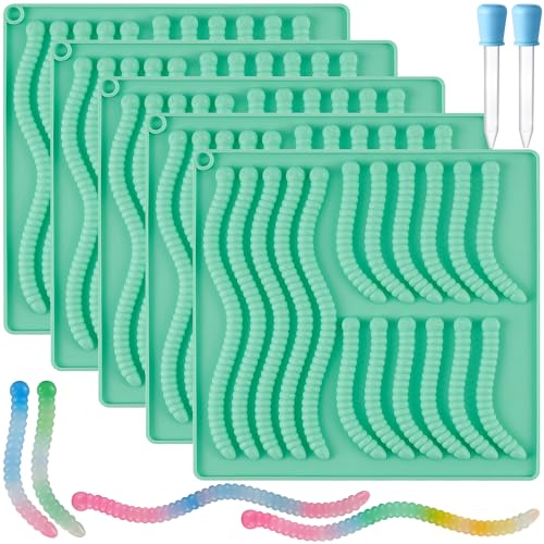 5PCS Silicone Gummy Worm Mold Set with Droppers - Non-Stick Candy & Chocolate Molds